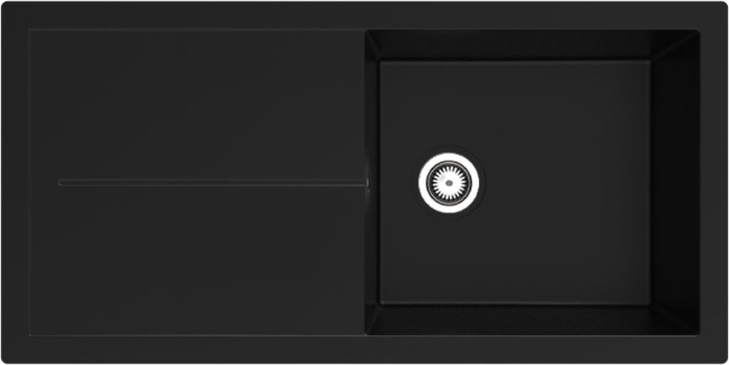 A top-down view of a black kitchen sink with a drain and a separate drying area.
