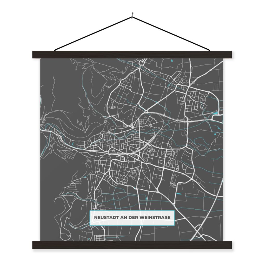 MuchoWow Textilposter Karte - Stadtplan - Neustadt an der Weinstraße - Deutschland - Blau 60x60 cm mit schwarzem Rahmen - Posteraufhänger