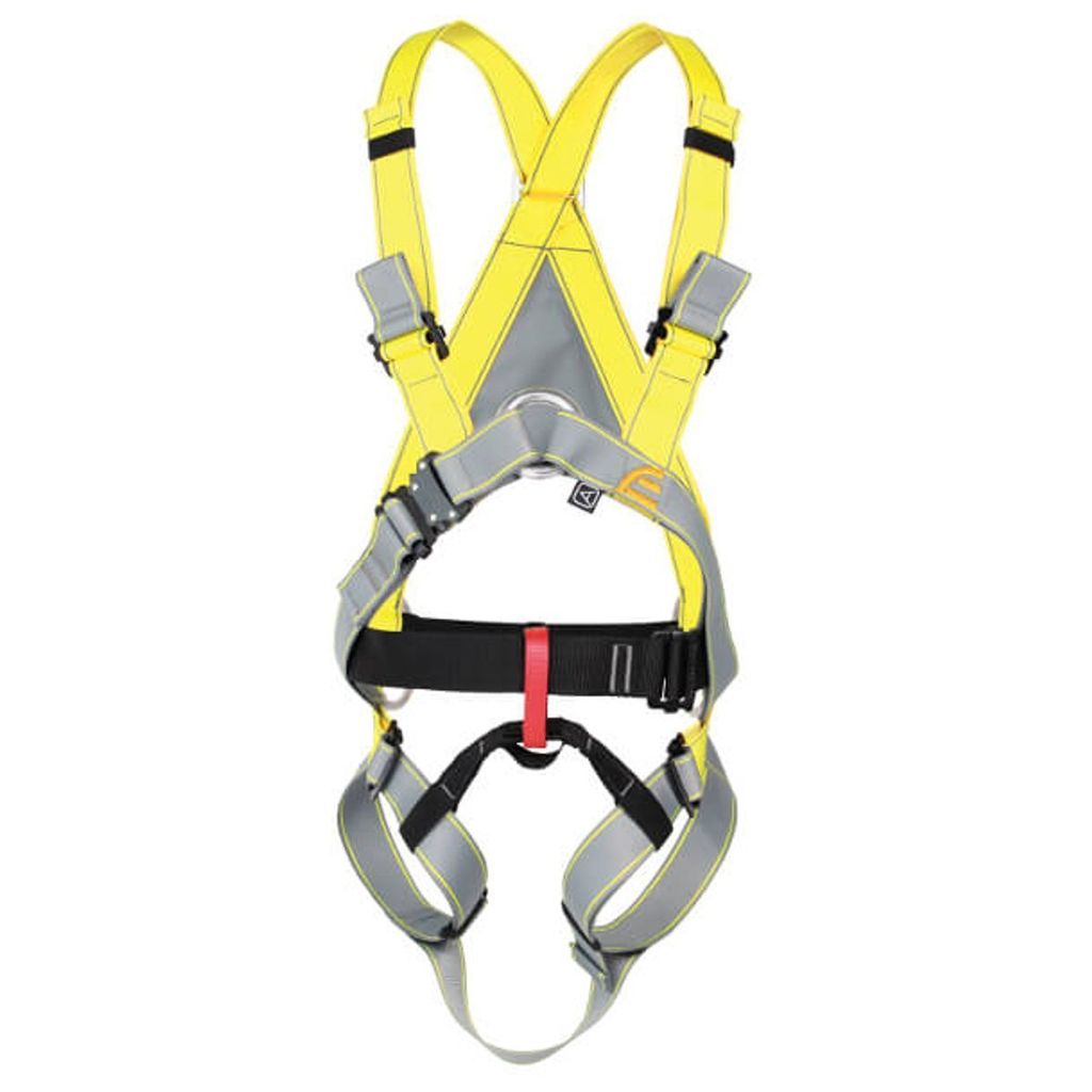 Gelber Industriegurt "Ropedancer II" von Singing Rock; geeignet für Arbeitssicherheit; mit verstellbaren Trägern und reflektierenden Elementen.