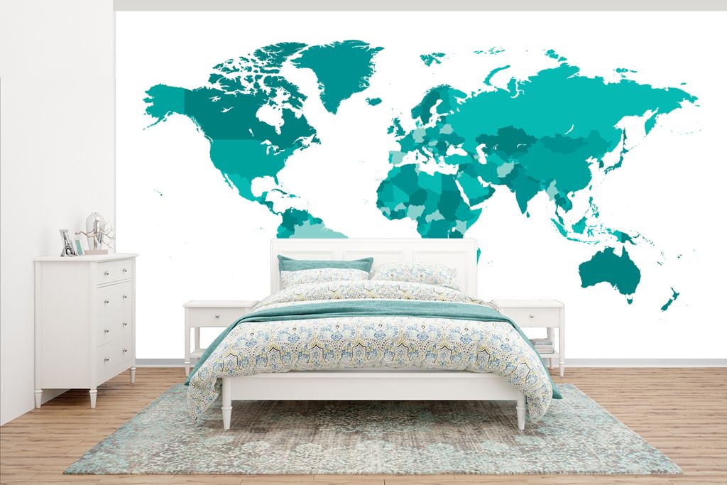 MuchoWow Fototapete für Wohnzimmer oder Schlafzimmer Wandtapete Vinyl Motivtapete Weltkarten - Weiß - Blau - 465x260 cm - Hintergrundbild