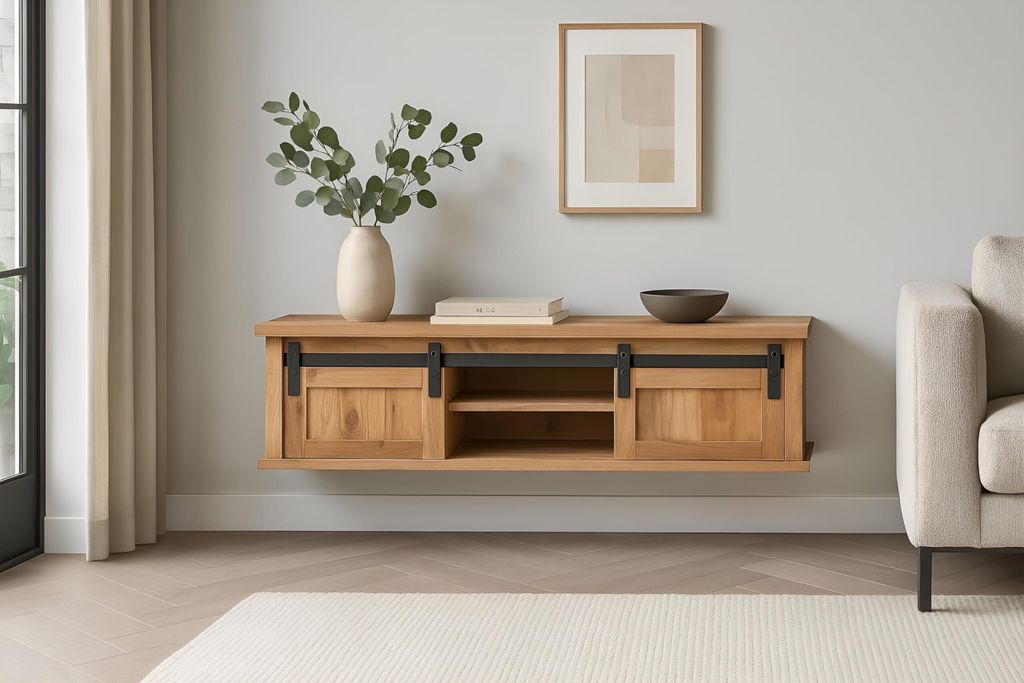 Wandboard Liano | Akazienholz massiv | Farbe: Natur | 130x25x37 cm | 2 Schiebetüren & 2 Fächer | Gusseiserne Elemente