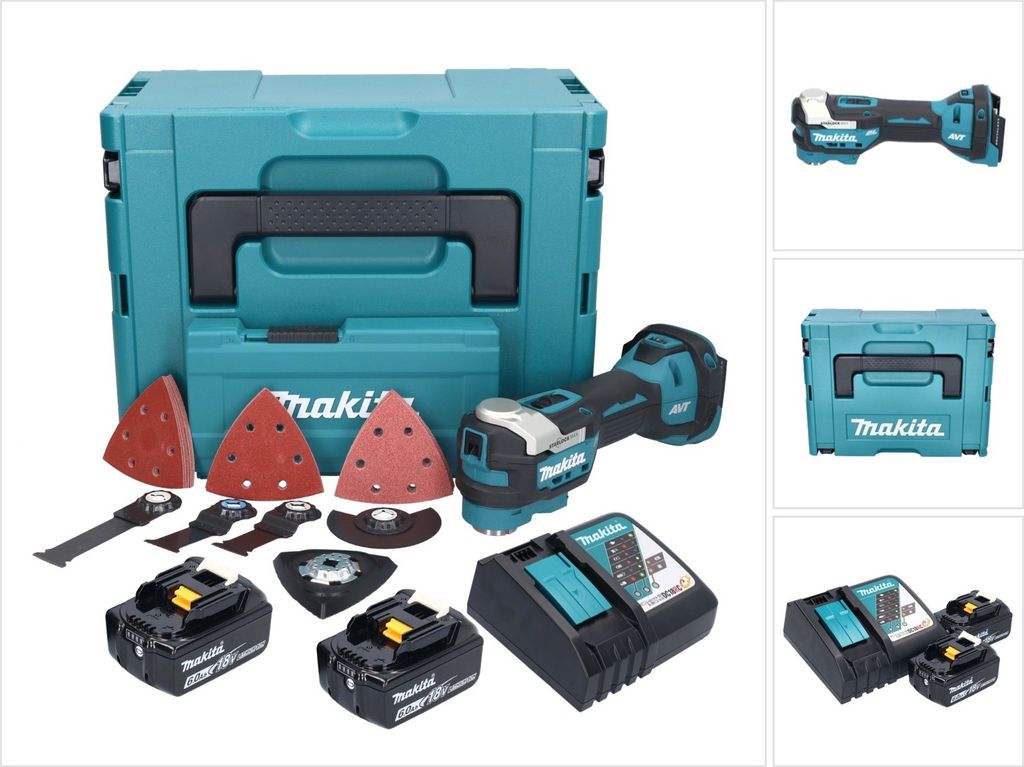 Makita DTM 52 RGJX4 Akku Multifunktionswerkzeug 18 V Starlock Max Brushless + 2x Akku 6,0 Ah + Ladegerät + Zubehör Set + Makpac