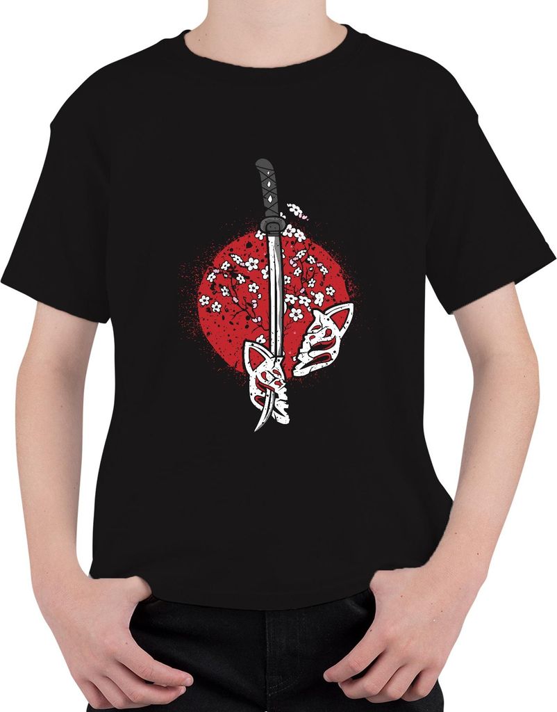Katana Samurai Kitsune Maske Sakura Kirschblüten Japan Sonne Uni Kinder T-Shirt, Schwarz, 140