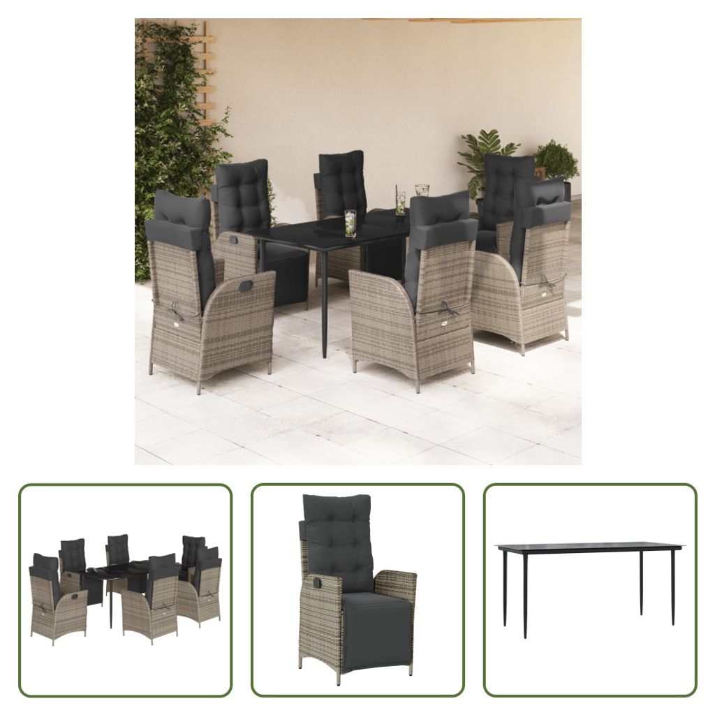 The Living Store 7-tlg. Garten-Essgruppe mit Kissen Grau Poly Rattan