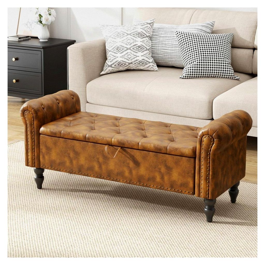 Sitzbank mit Stauraum 132 cm, Aufbewahrungsbox, Fußbank, Bettbank, Sitztruhe mit Armlehnen aus PolyurethanKunstleder für Wohnzimmer, Schlafzimmer...