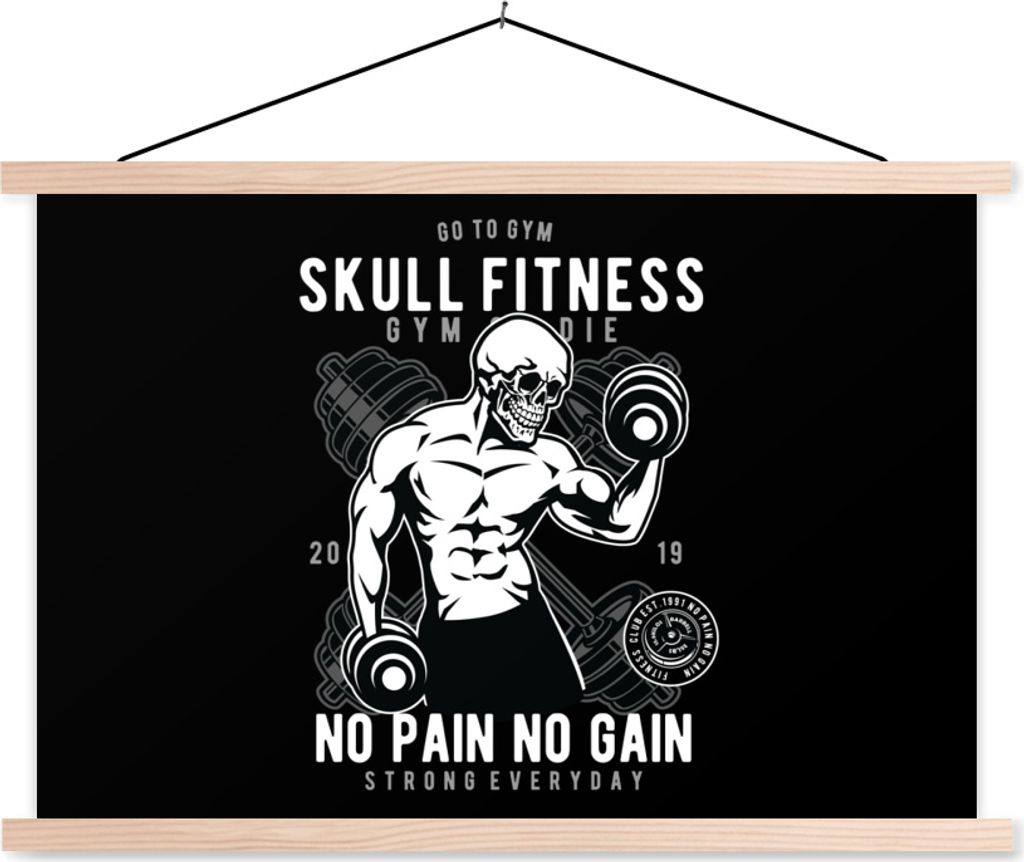 MuchoWow Textilposter Gewichte - Fitness - Skelett - Vintage 120x80 cm mit holzfarbenen Rahmen - Aufhängeset