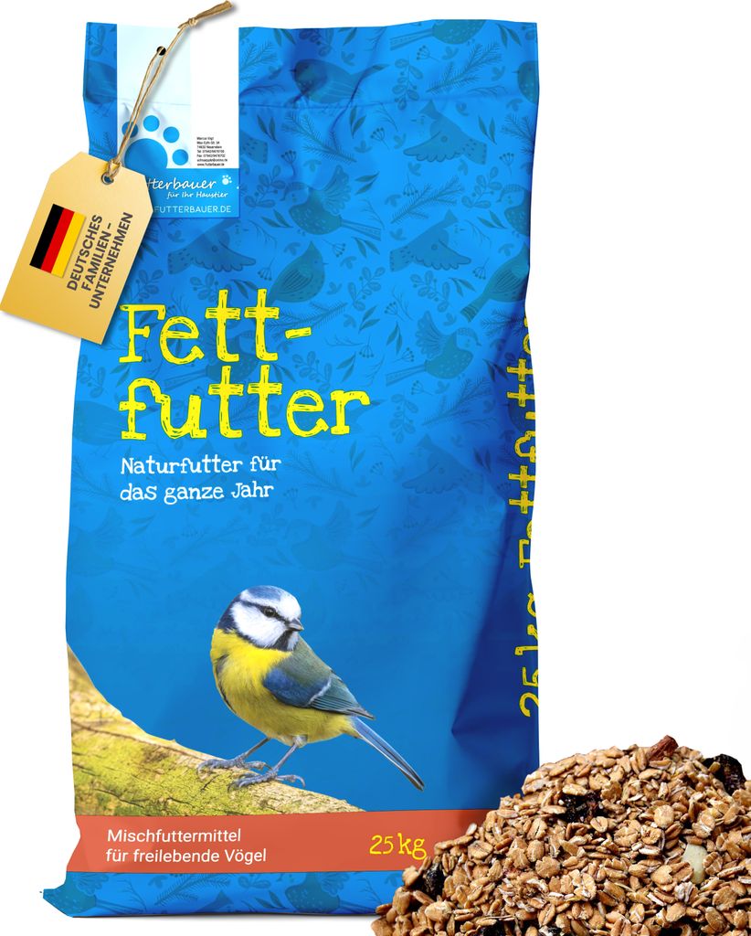A bag of bird food with a bird on it, and a pile of bird food next to it.