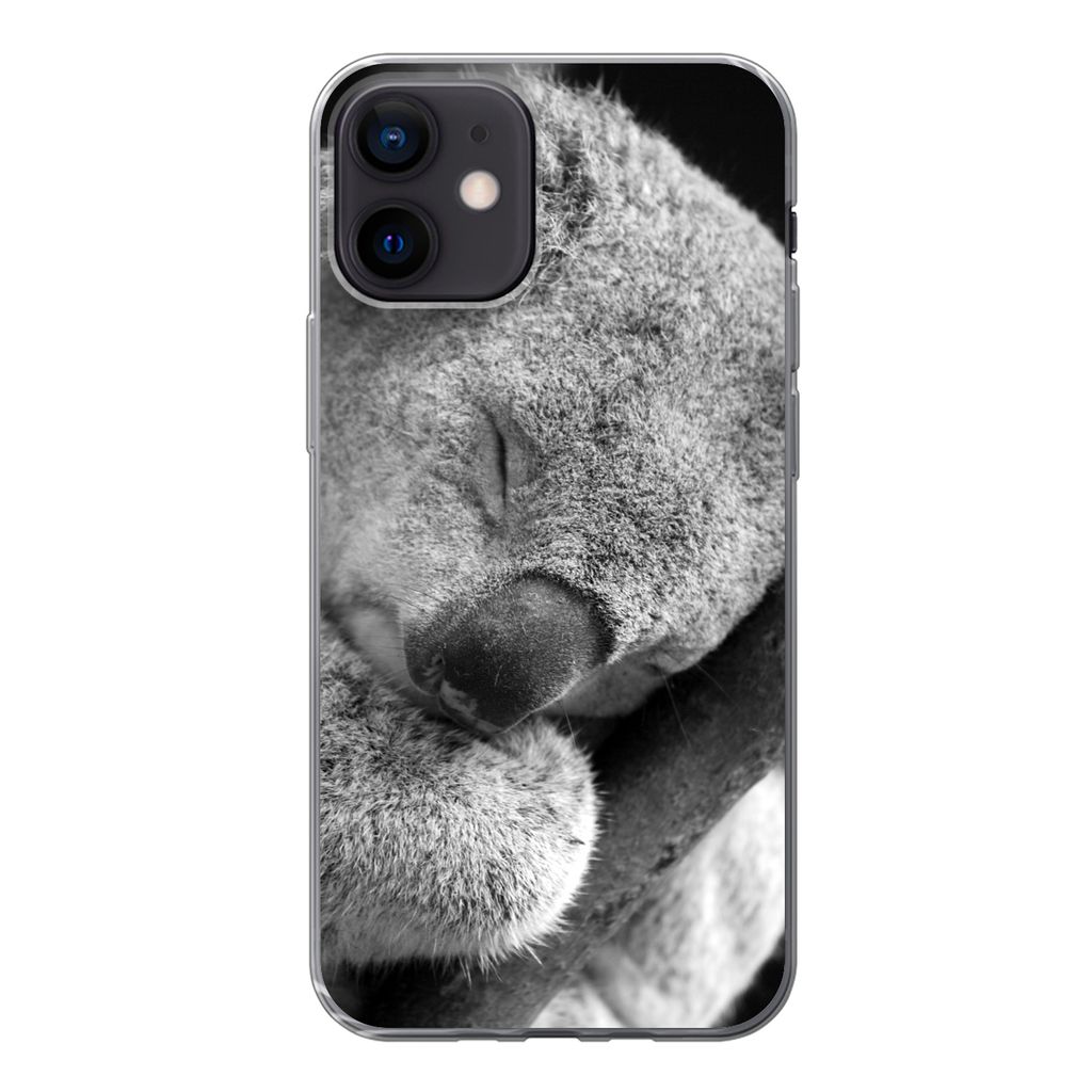 MuchoWow Handyhülle Schutzhülle Hülle für iPhone 12 Schlafender Koala auf schwarzem Hintergrund Silikon Softcase Handy Hülle - Schutzhülle