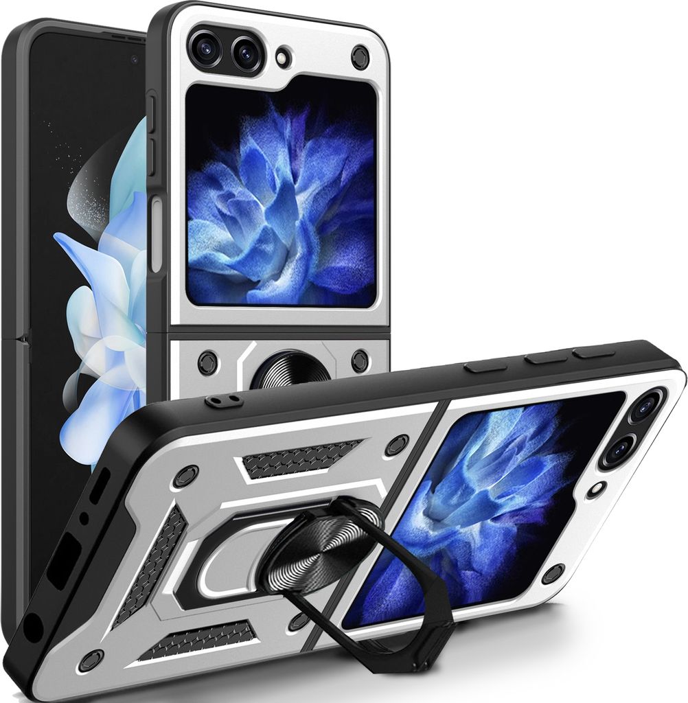 Outdoor Panzerhülle für Samsung Galaxy Z Flip 6 | Schutzhülle mit Kameraschutz Ringhalter Silber