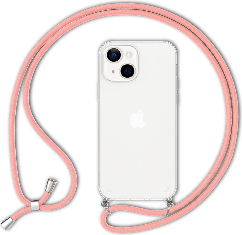 NALIA Handyhülle mit Kette für iPhone 13, Transparentes Hardcase & Handy-Schnur, Robust Vergilbungsfrei Klar Pink