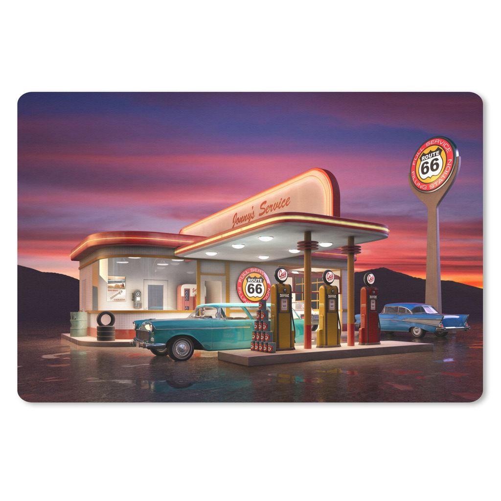 MuchoWow Schreibtischunterlage Tankstelle - Auto - Oldtimer 60x40 cm - XXL Mauspad - Großes Mauspad