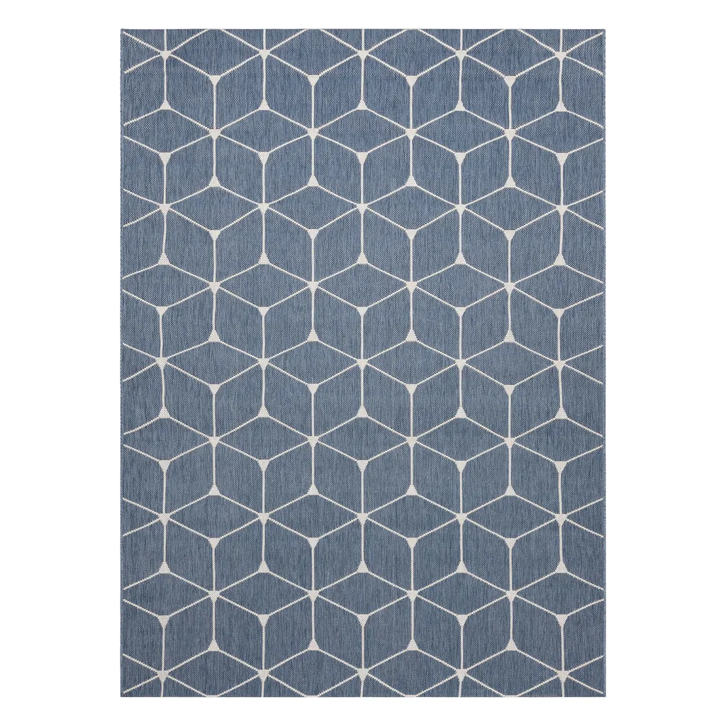 Tapis d'entrée design bleu 3D en sisal plat, idéal petit espace