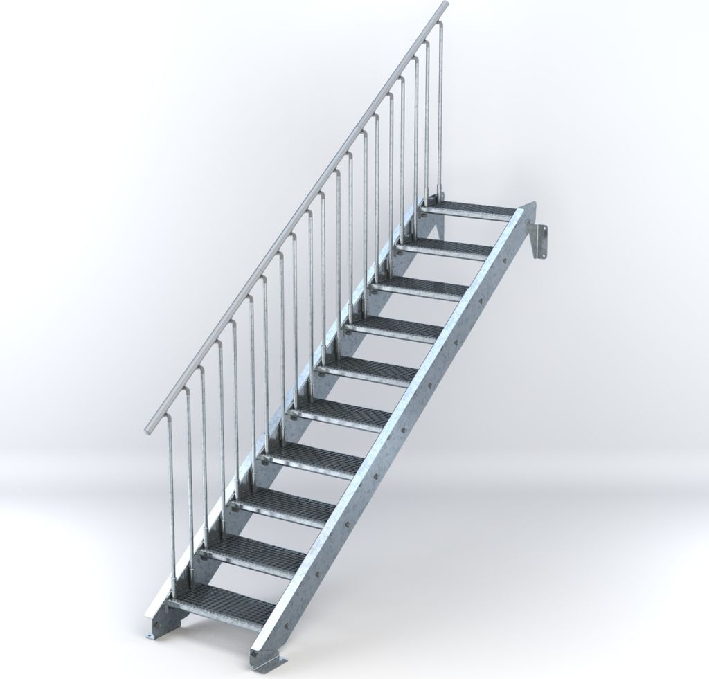Stahltreppe 10 Stufen bis Höhe 200 cm, Laufbreite : 60 cm Geländer links ST 3 (31 / 9 mm schmal)