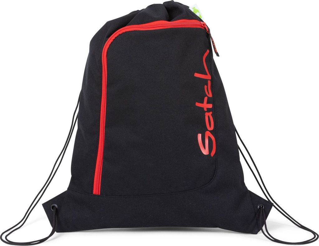 A black drawstring bag with red accents and branding.