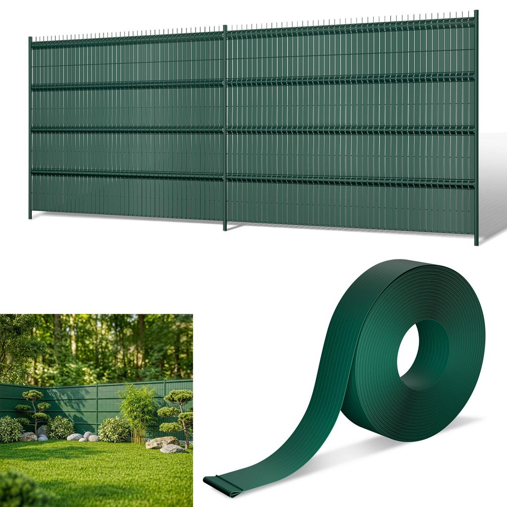 CEEDIR 70m PVC Sichtschutzstreifen für Zaun, Für Doppelstabmattenzaun & Maschendrahtzaun, inkl. 140 Clips, Blickdicht, UV-beständig, Grün