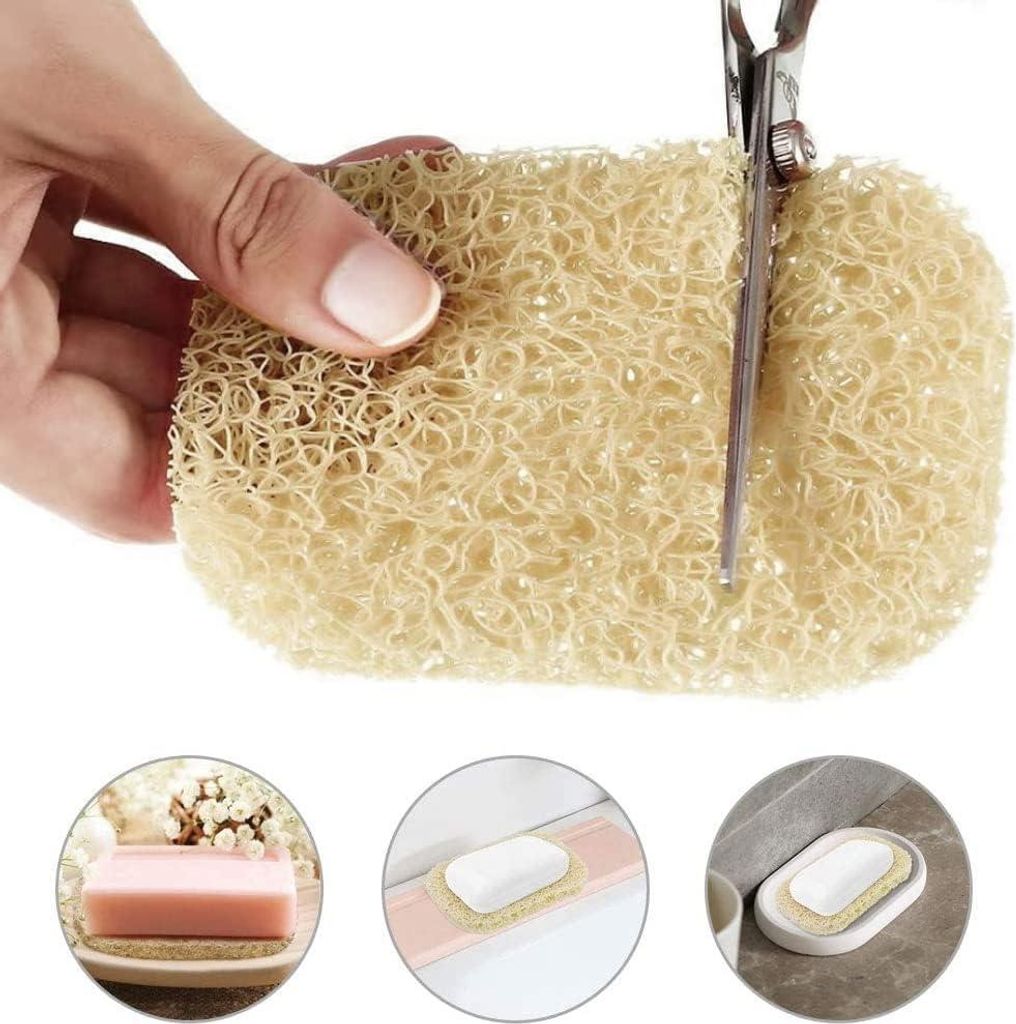 Natürlicher Luffa-Schwamm 8 x 13 cm - Set von 10 mit Seifenablage - Zubehör für Dusche, Badezimmer, Küche und Arbeitsplatte in Beige
