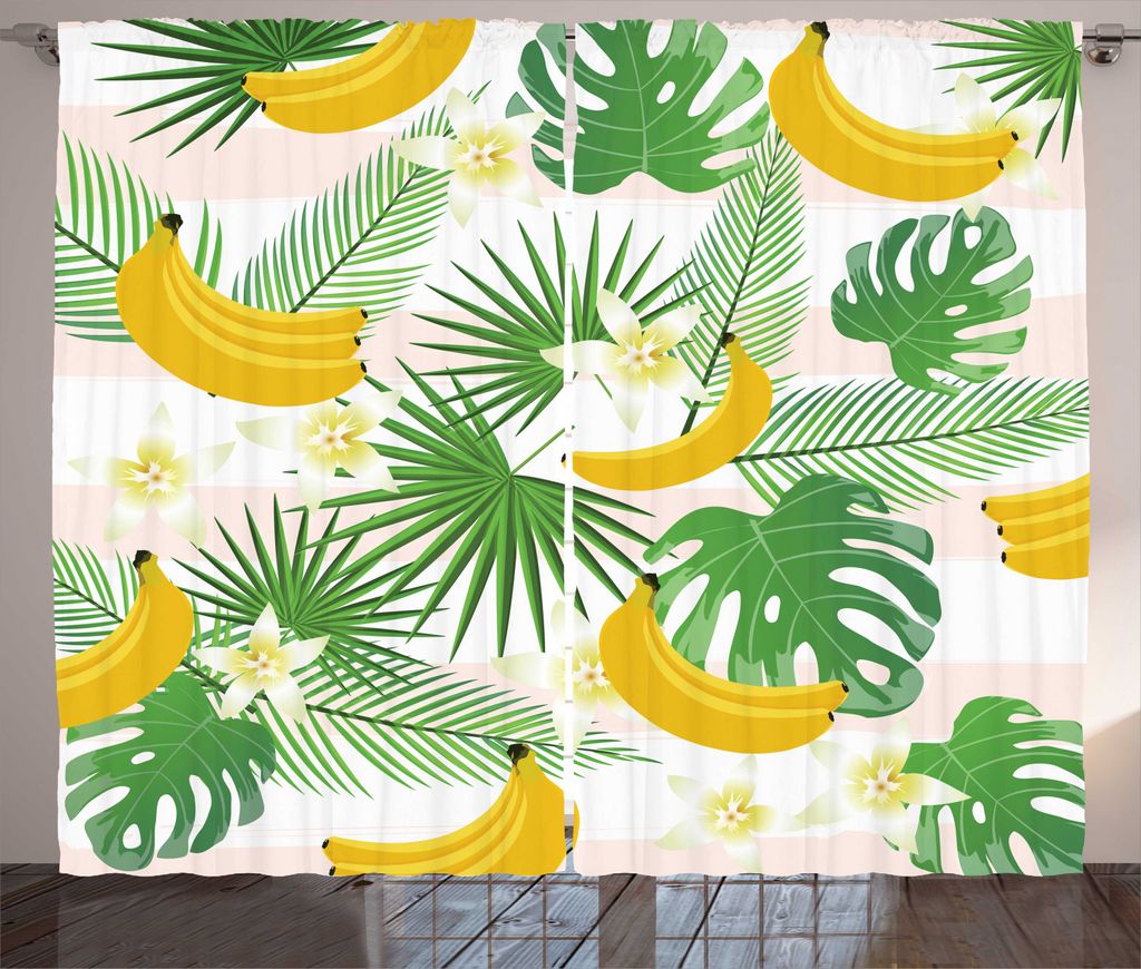 ABAKUHAUS Exotisch Rustikaler Vorhang, Bananen und Tropische Pflanzen, Wohnzimmer Universalband Gardinen mit Schlaufen und Haken, 280 x 225 cm, Meh...