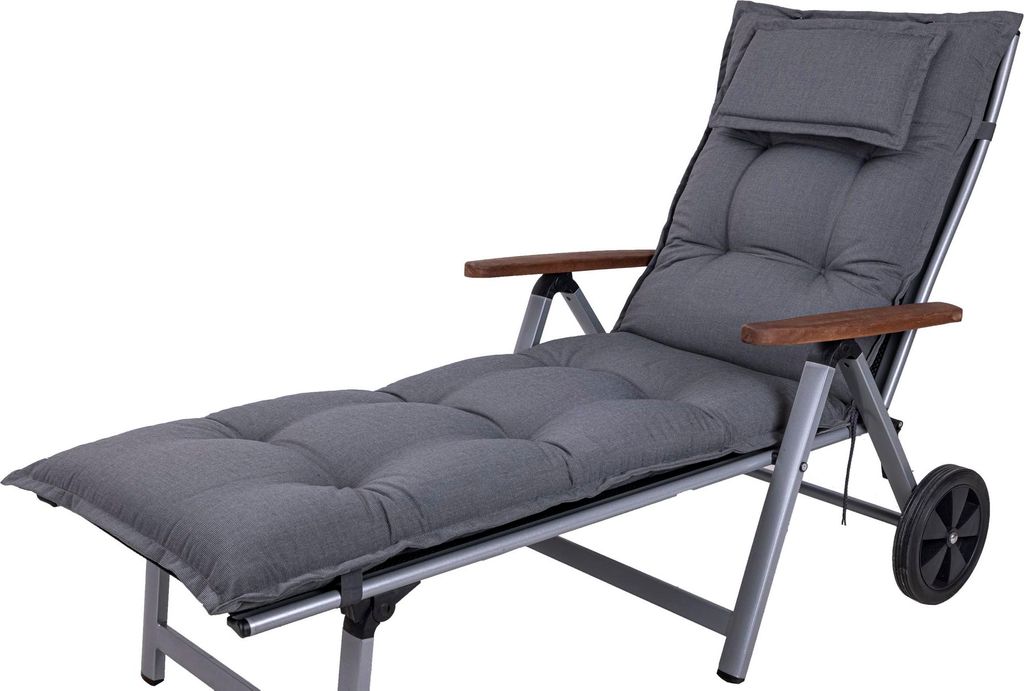 A gray chaise lounge with wooden armrests and a headrest, shown against a white background.