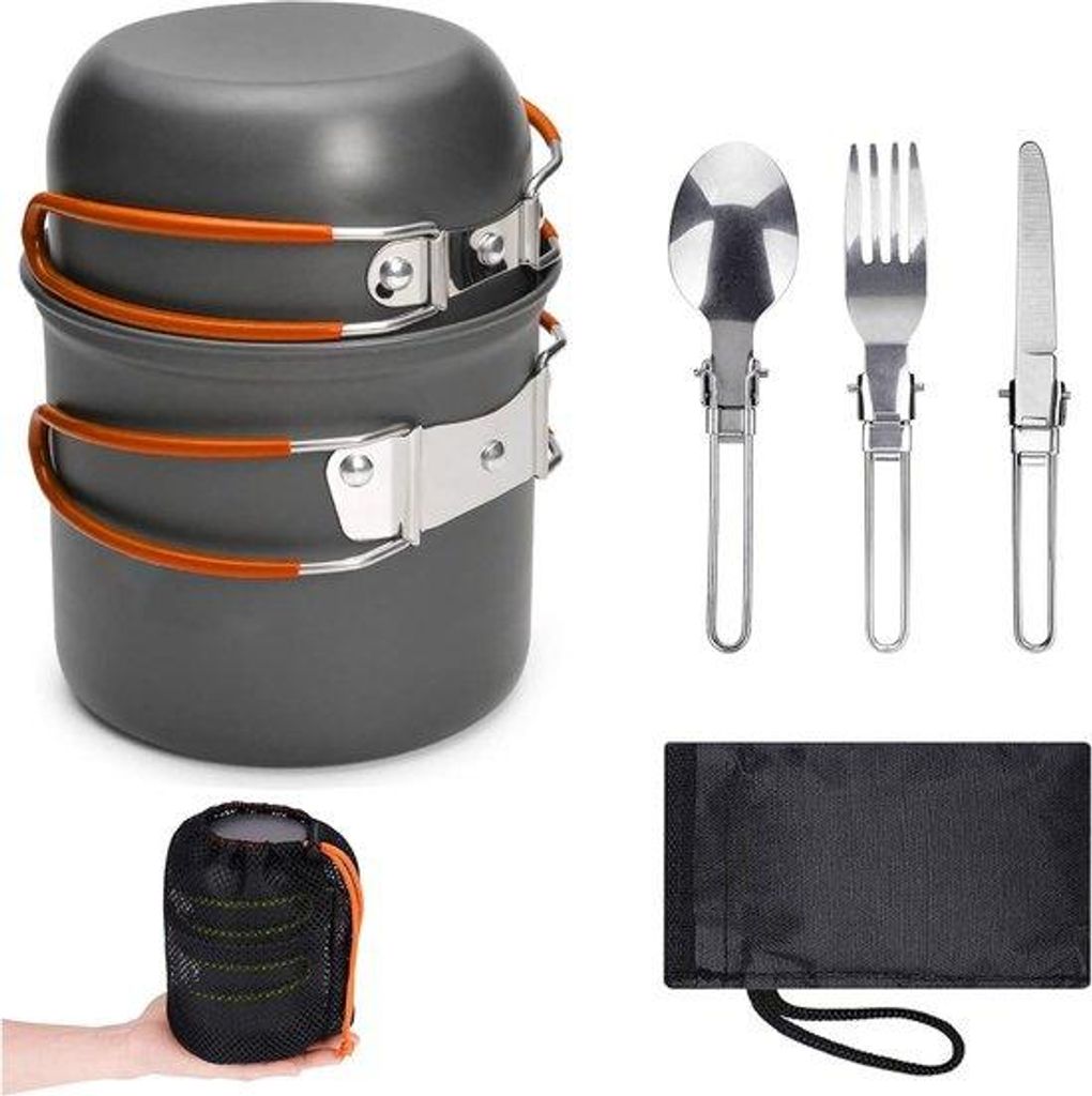Alu-Camping-Kochgeschirr-Set für 2 Personen, faltbar, FDA-