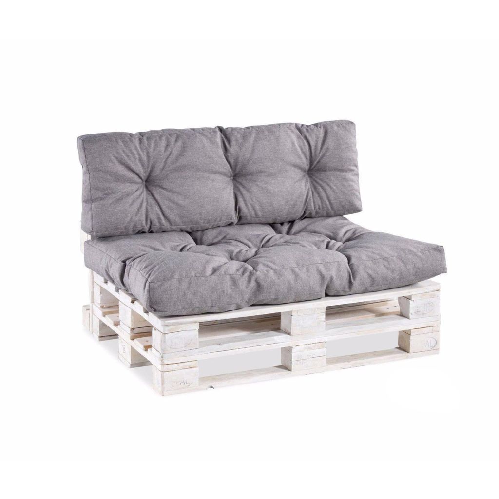 A grey pallet sofa cushion set on a white wooden pallet base, isolated on a white background.