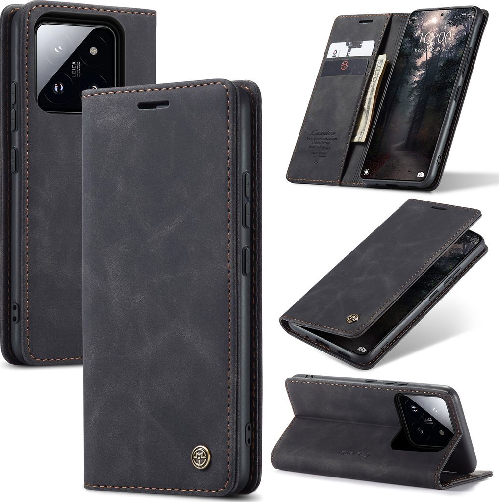 Xiaomi 14 Hülle, Retro Kunstledertasche mit Standfunktion Schutzhülle für Xiaomi 14 Schwarz