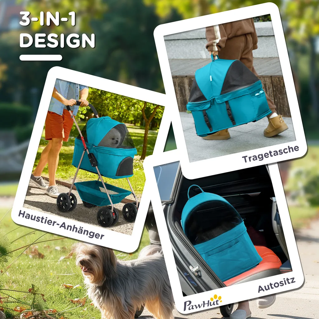 PawHut passeggino per cani 3 in 1 box per cani pieghevole, borsa da trasporto pieghevole con portabicchieri, passeggino per cani, passeggino per gatti con ruote a 360° passeggino per gatti per mini cani sotto i 4 kg, turchese - 4
