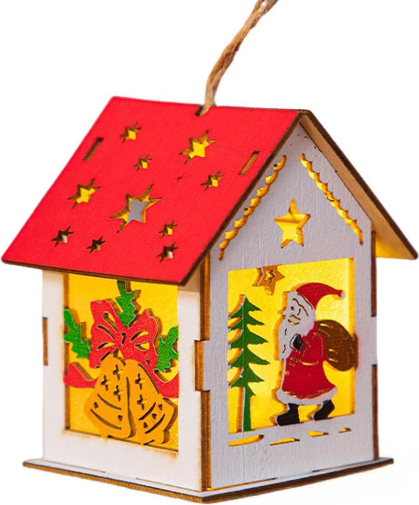 Weihnachtsdeko aus Holz mit LED-Beleuchtung: 3D-geschnitzter Stern/Dorfhaus/Glocke/Geschenkbox als hängender Anhänger für den Weihnachtsbaum.