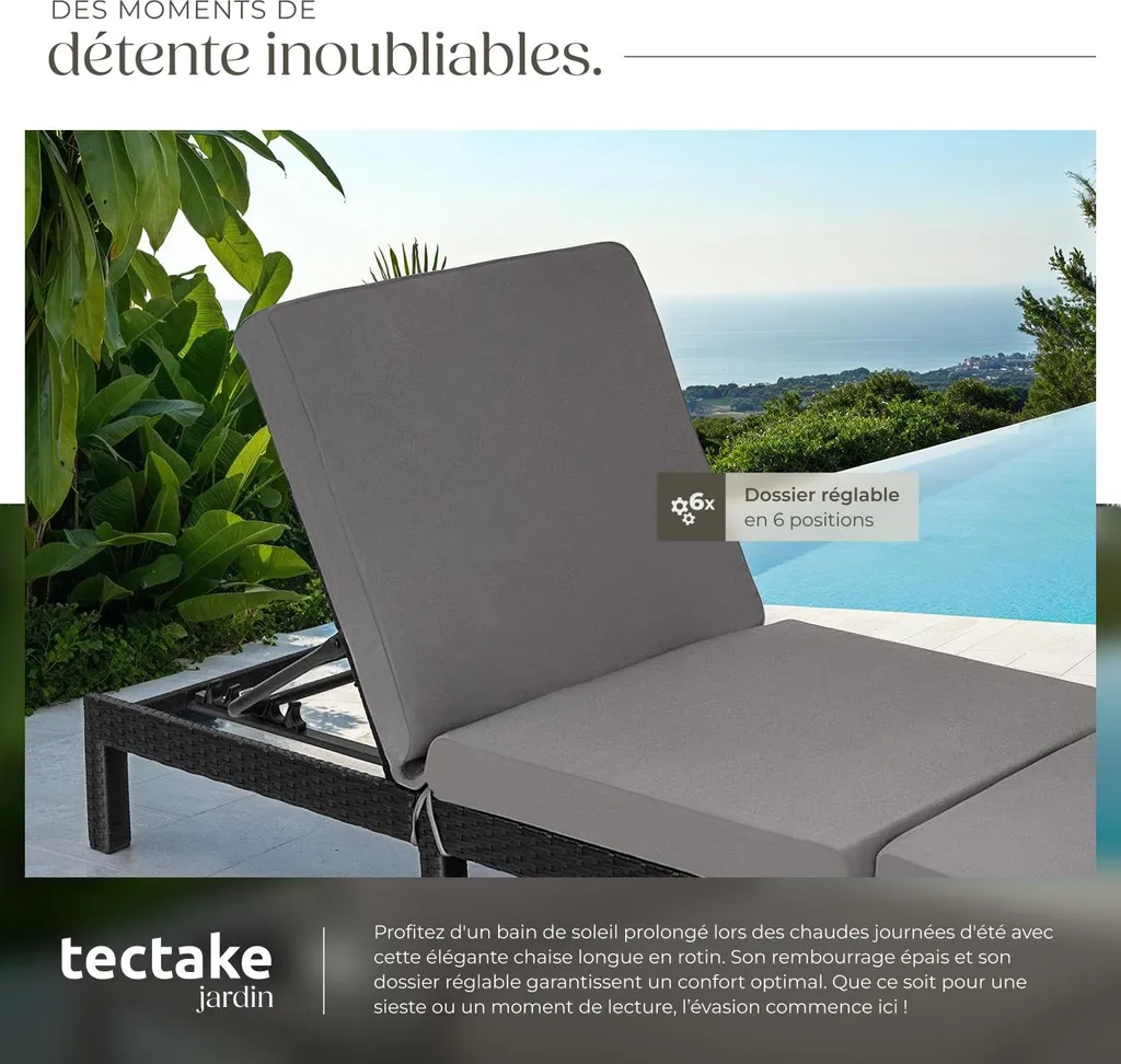 Bain de soleil 6 positions SOFIA en textilène noir haute résistance - 4