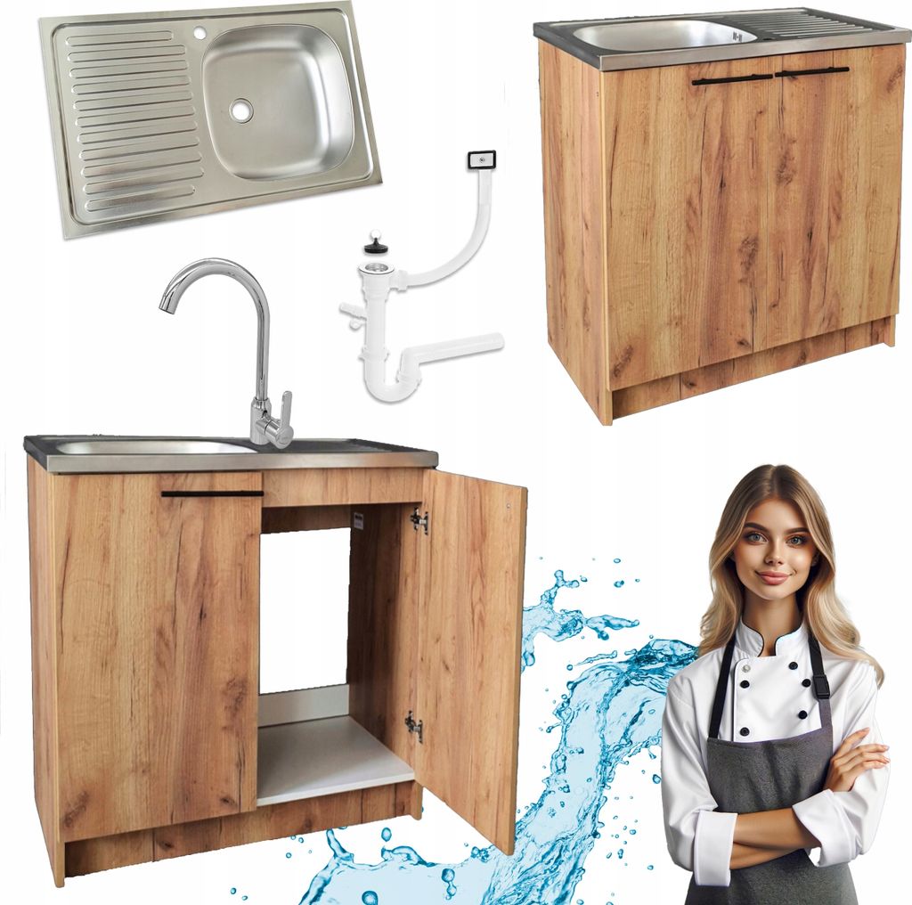 A collage of kitchen sink components, a sink cabinet, and a chef.