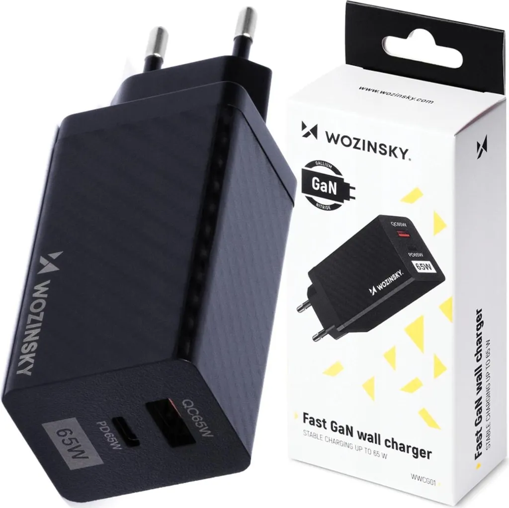 Wozinsky 65W Caricabatterie Auto Rapido USB-C + USB-A Nero GaN