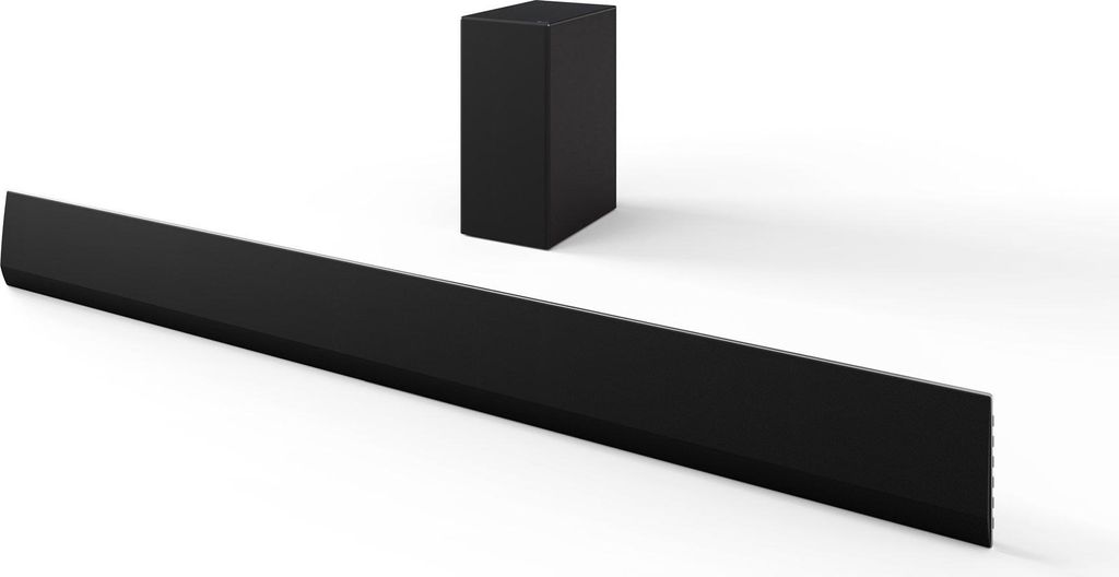 A black soundbar and subwoofer are displayed on a white background.