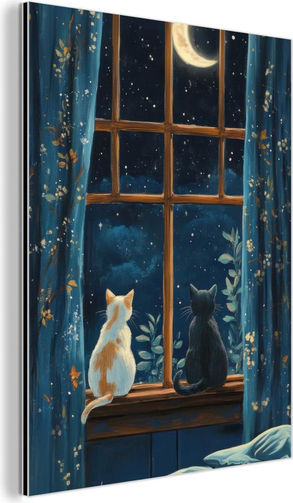 MuchoWow Wanddekoration Metall Metallbild Wandkunst 90x120 cm Katze - Sternenhimmel - Blau MuchoWow Aluminium Gemälde - Industrial
