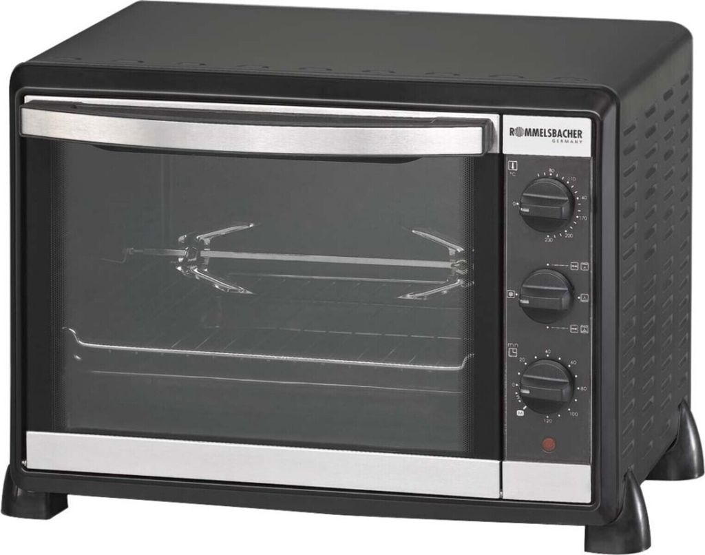 A black countertop oven with a glass door is shown from the front.