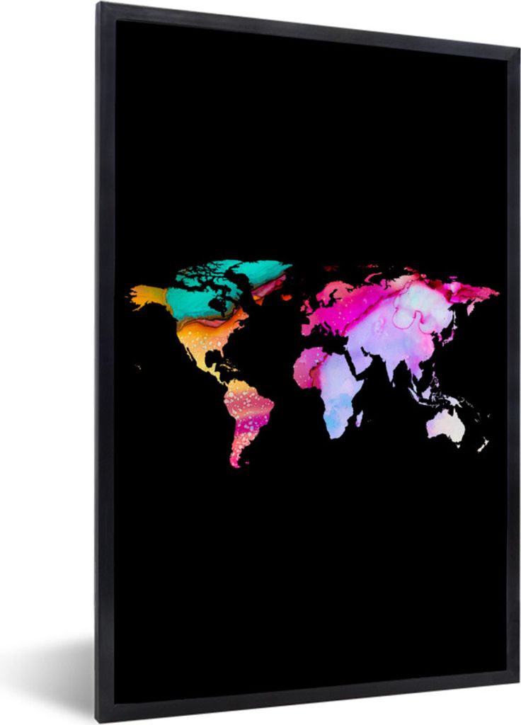 MuchoWow Gerahmtes Poster Weltkarte - Regenbogen - Farbe 20x30 cm - Poster mit Schwarzem Bilderrahmen Wandposter Rahmen Foto Bilder - Drucken - B...
