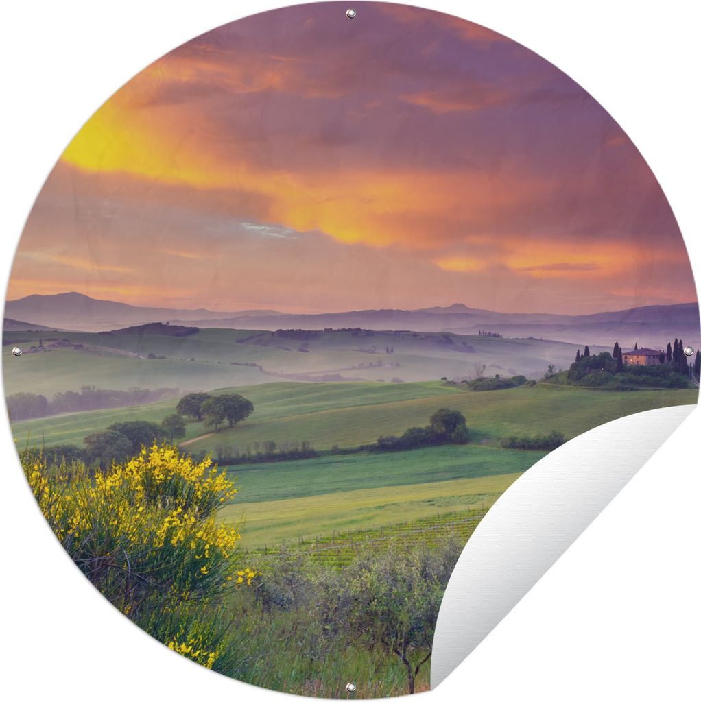 MuchoWow Gartenposter Outdoor-Poster Rund Landschaft - Himmel - Nebel - Toskana Ø 90 cm Gartendeko Rundes Poster draußen