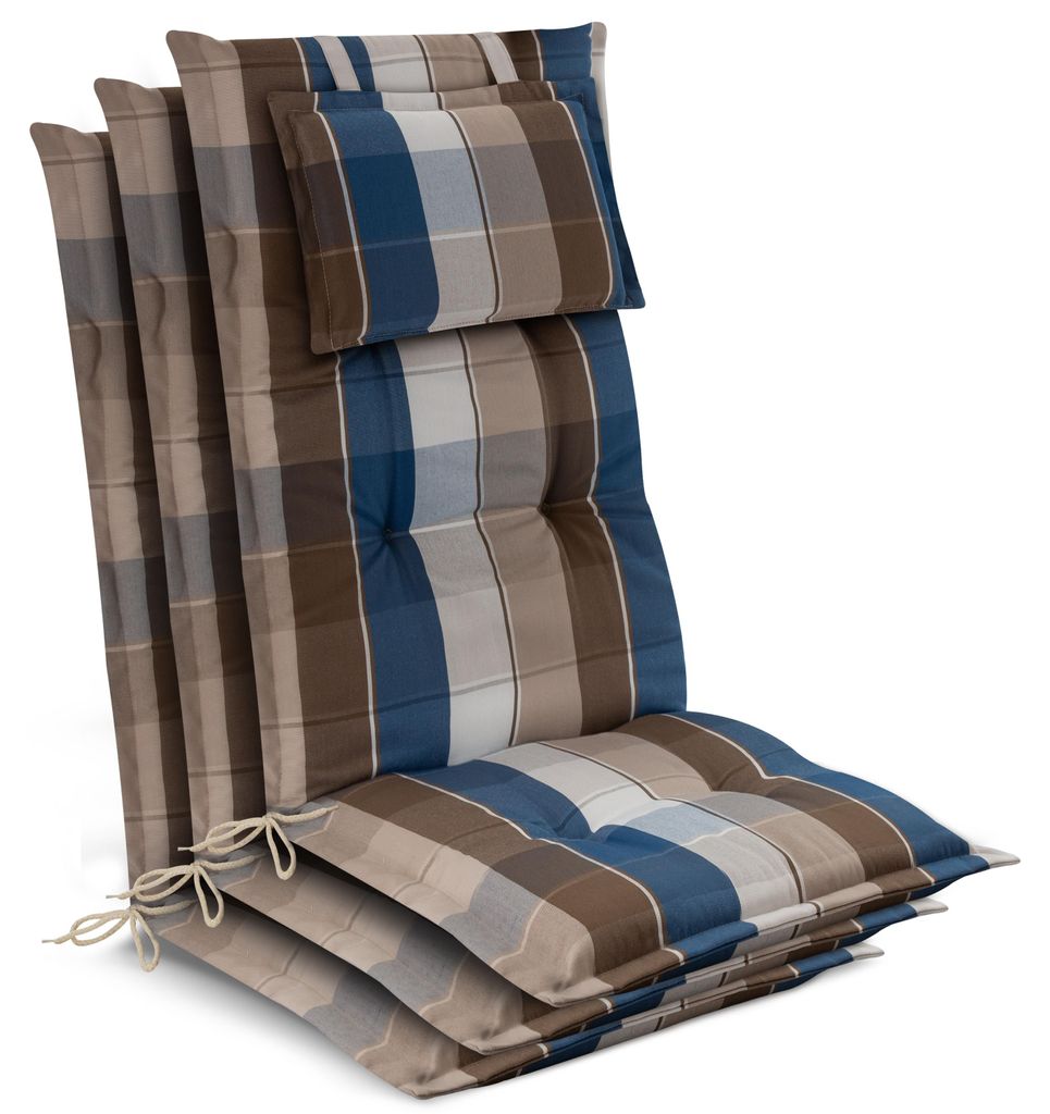 Beautissu 3x Premium Hochlehnerauflage 120x50x7cm, Braun-Blau-Kariert