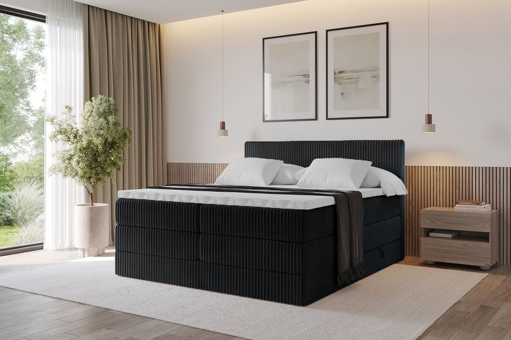ALTDECOR Boxspringbett TOLO KING 160x200 cm - Cord - Schwarz - Komplett-Set mit H3 und H4 Matratzen und Topper, Polsterbett mit Bettkästen, Fußte...