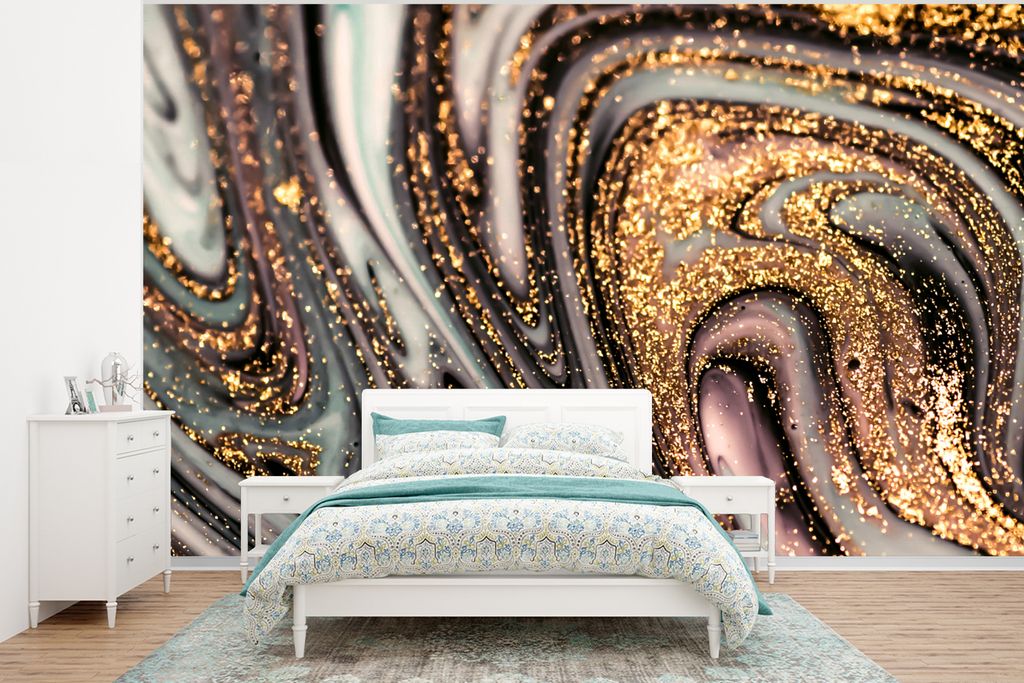 MuchoWow Fototapete für Wohnzimmer oder Schlafzimmer Wandtapete Vinyl Motivtapete Marmoroptik - Gold - Glitter - Luxus - Marmor - Weiß - 400x30...
