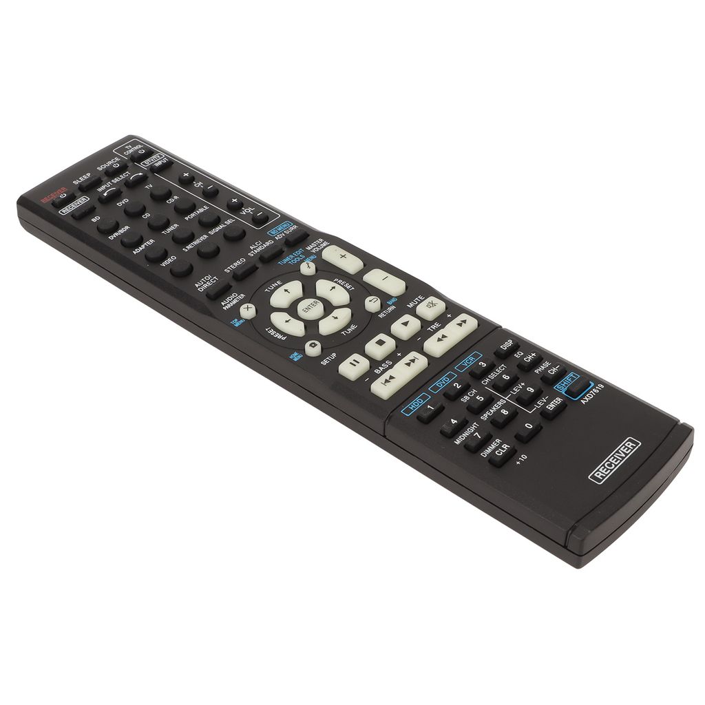 A black remote control for an AV receiver is shown against a white background.
