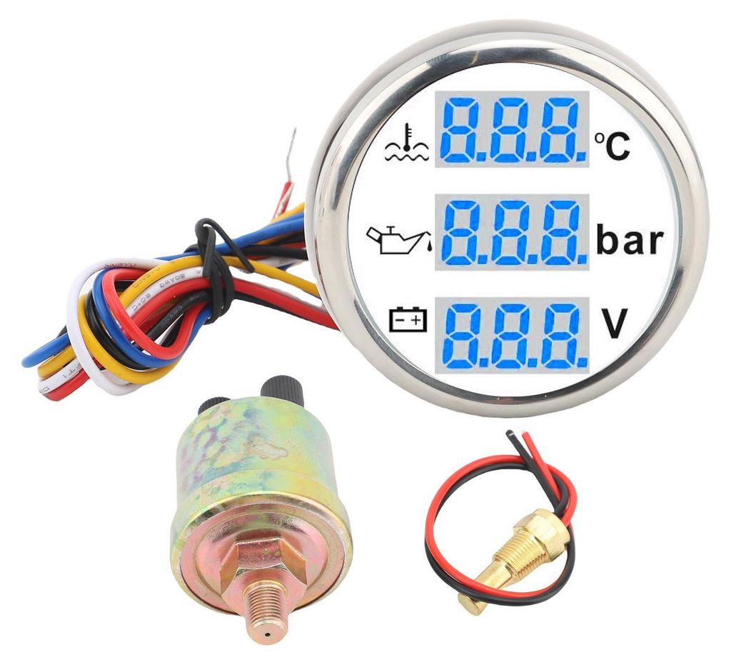 Boot-Wassertemperatur-Öldruck-Voltmeter, 52-mm-Digitalanzeige, multifunktional, IP67-sicher, Dreifachmessgeräte-Set, weiße Basis, silberner Rahmen