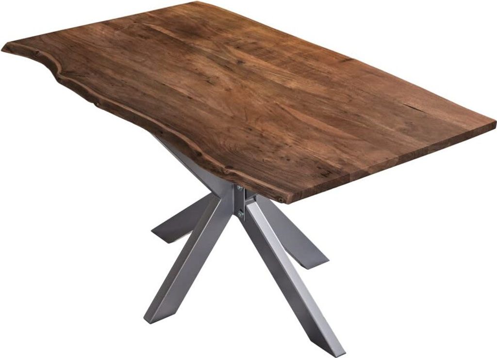 Esstisch 200x100cm Benni, Akazienholz massiv + nussbaumfarben, echte Baumkante, Baumkantentisch mit Spider-Metallgestell Silber, Esszimmertisch mit...