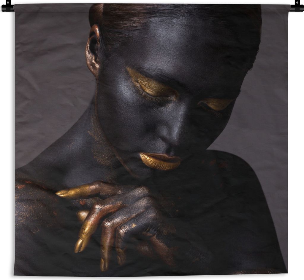 MuchoWow Wandteppich Wandbehang Frau - Make-up - Gold 150x150 cm Tapisserie Dekoration Wandtuch - Wohnaccessoires - Modernes