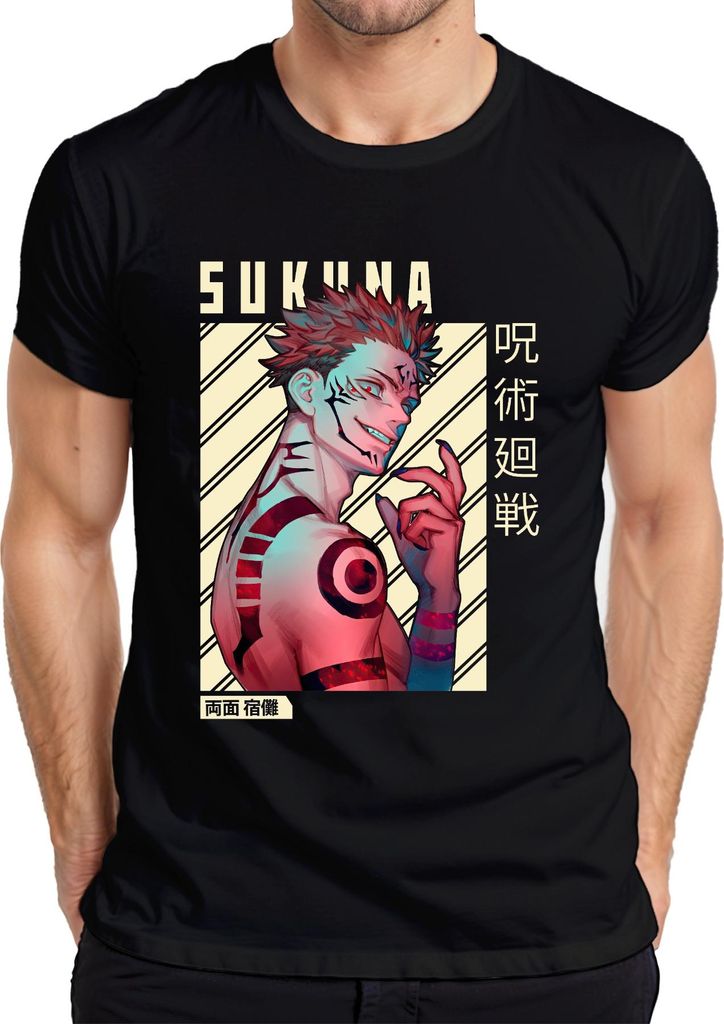 Sukuna Jujutsu Kaisen König der Flüche Anime rote Augen düster Herren T-Shirt, Schwarz, 3XL