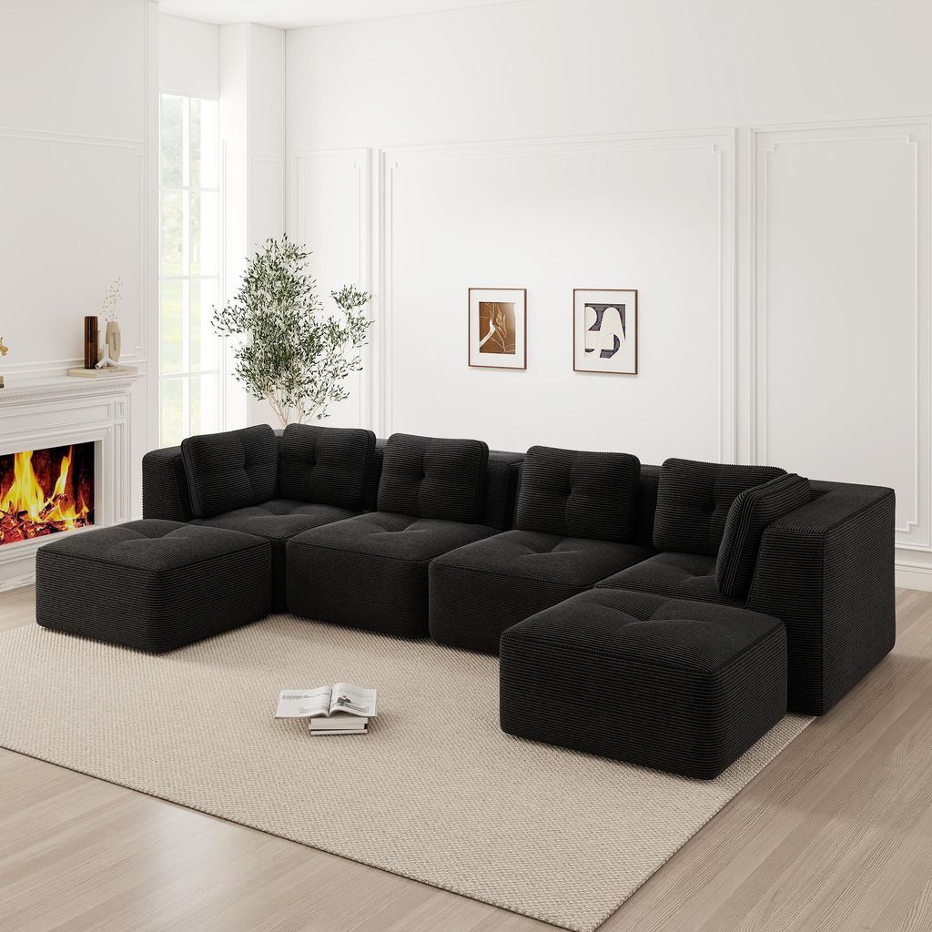 Cordstoff-U-förmiges Modulsofa mit Ottoman, rahmenlos, Tiefensitz, 386 x 177 x 69 cm, Schwarz