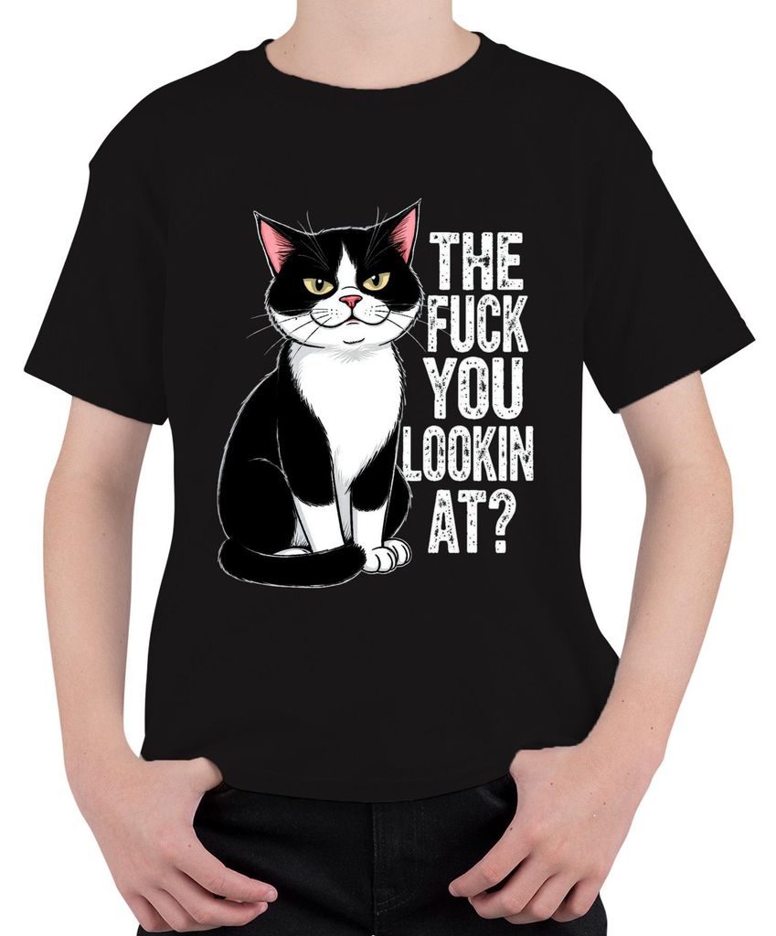 The Fuck You Lookin At Tuxedo Cat Grumpy Sarcastic Geschenk Uni Kinder T-Shirt, Schwarz, 128