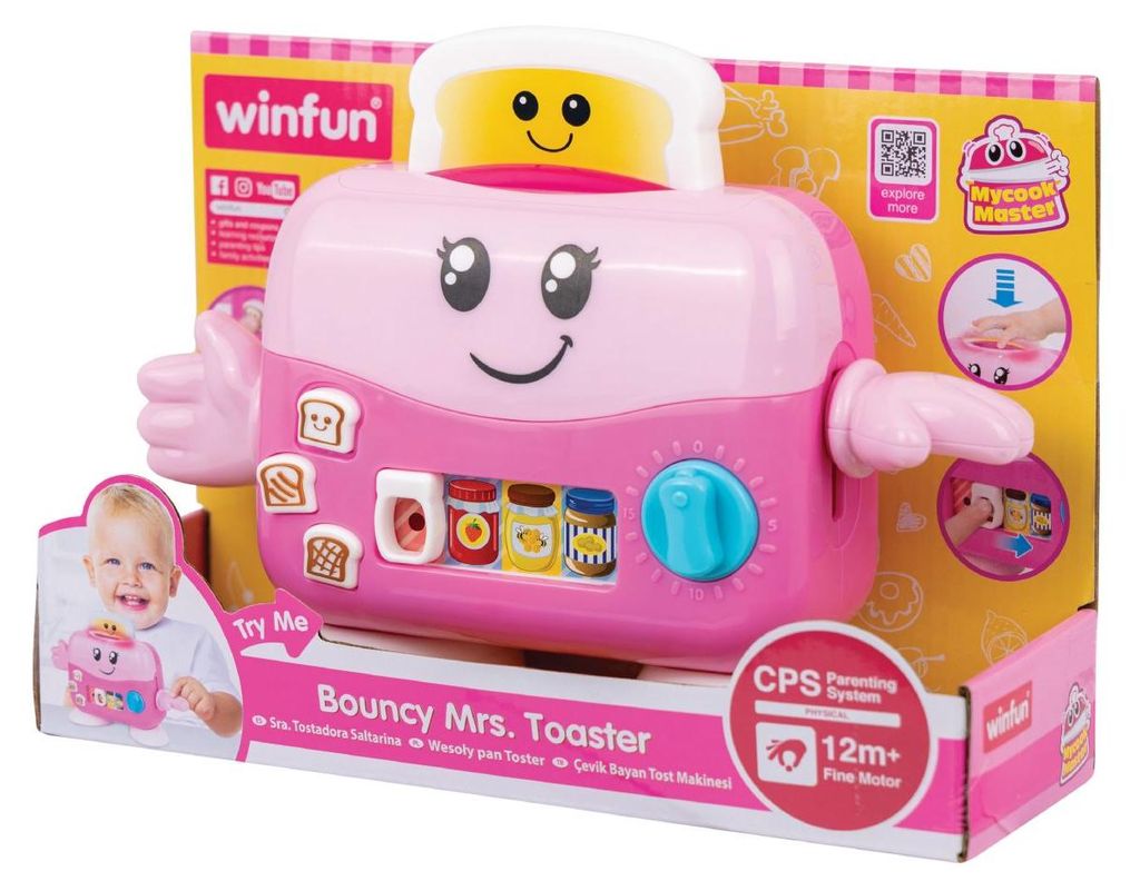 Winfun Spielzeug-Toaster mit Timer, LED-Licht, Bräunungsgrad-Tasten, Sound & Melodien, inkl. Marmelade & Honig