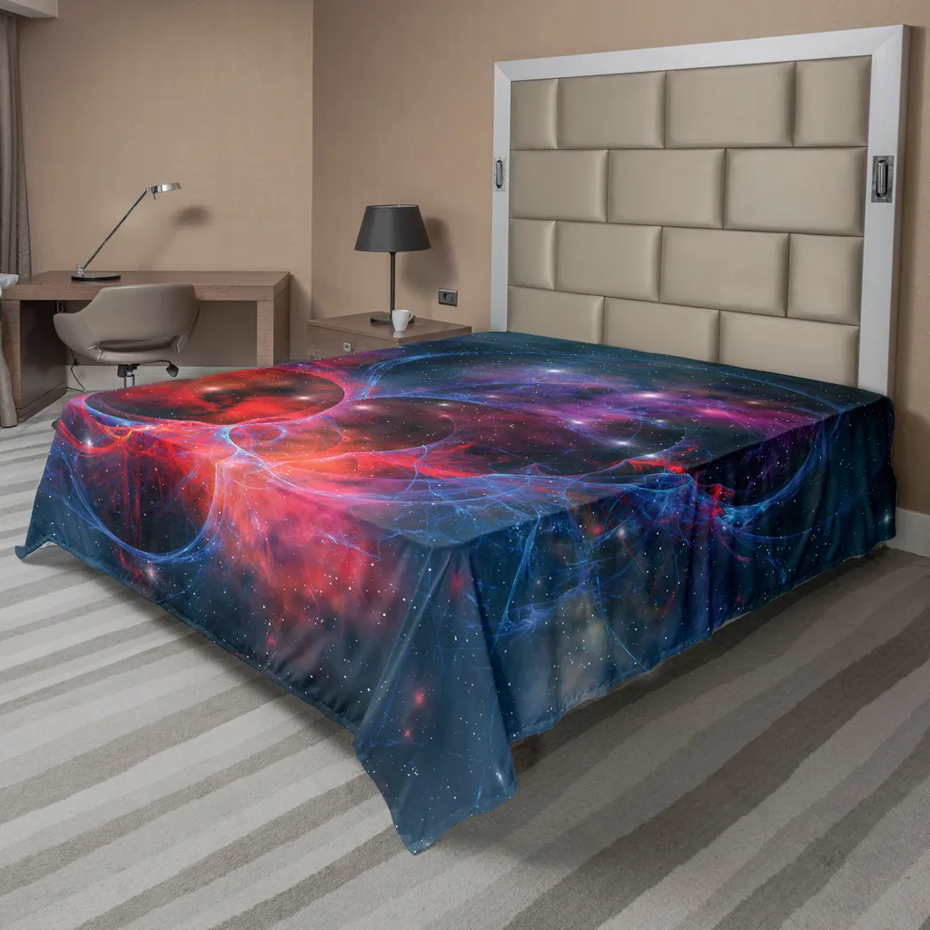 Drap plat anti-décoloration motif cosmos, textile grand lit 260x228 doux