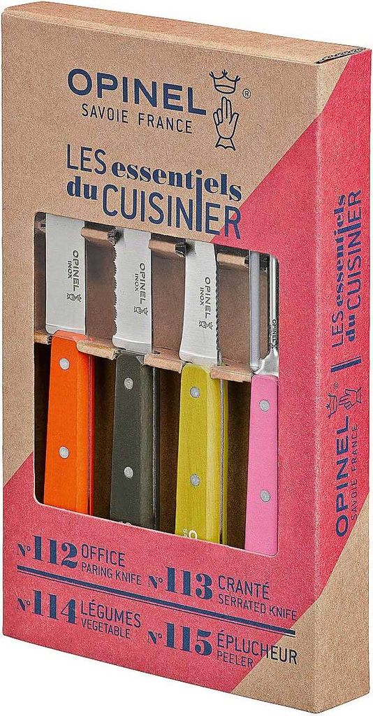 A cardboard box containing a set of four Opinel kitchen knives with colored handles.