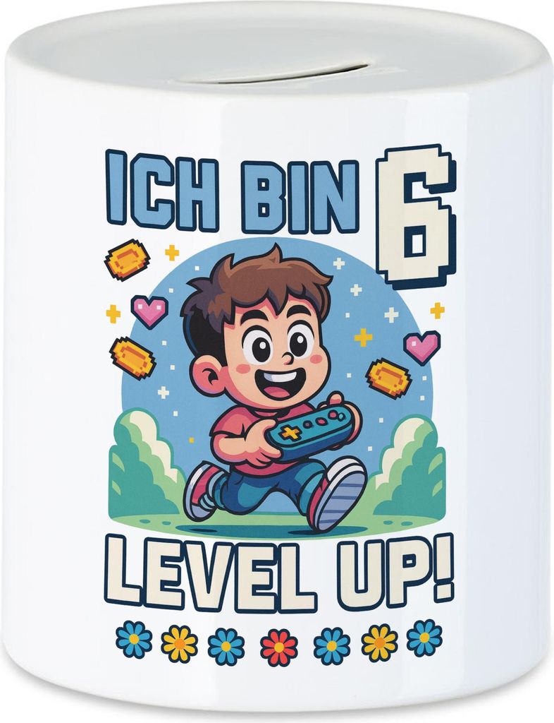 Ich bin 6 Level Up Spardose Geschenkidee Kindergeburtstag Gamer Junge Mädchen 6 Jahre
