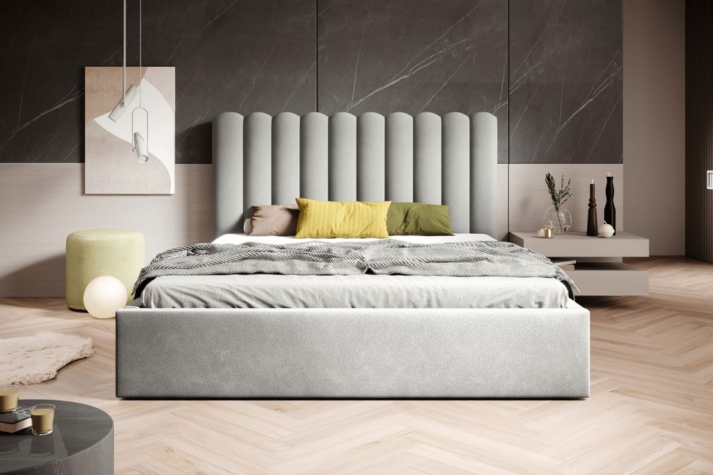 BESILIO Bett mit hohem Kopfteil für Schlafzimmer 120x200 Lumi - Lattenrost mit Bettkasten - Grau & Magic Velvet 2218